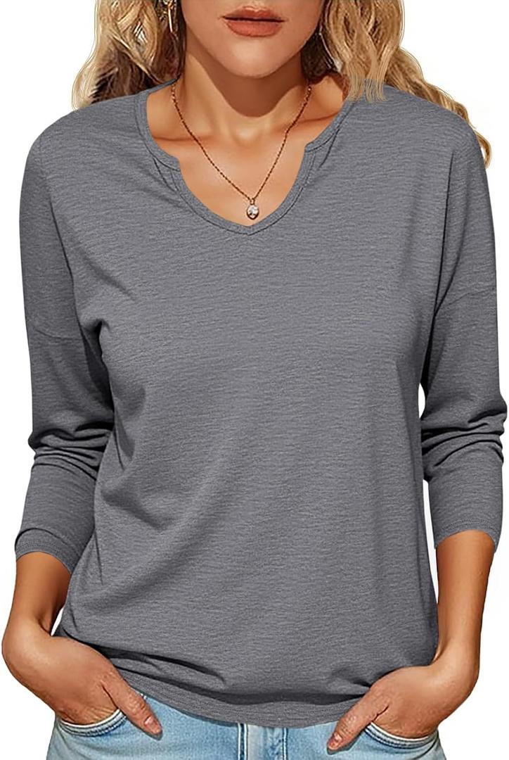 Tankaneo Womens Long Sleeve T-Shirts Casual V Neck Loose Fit Shirts 2025 Fall Lightweight Basic Tees (Gray)