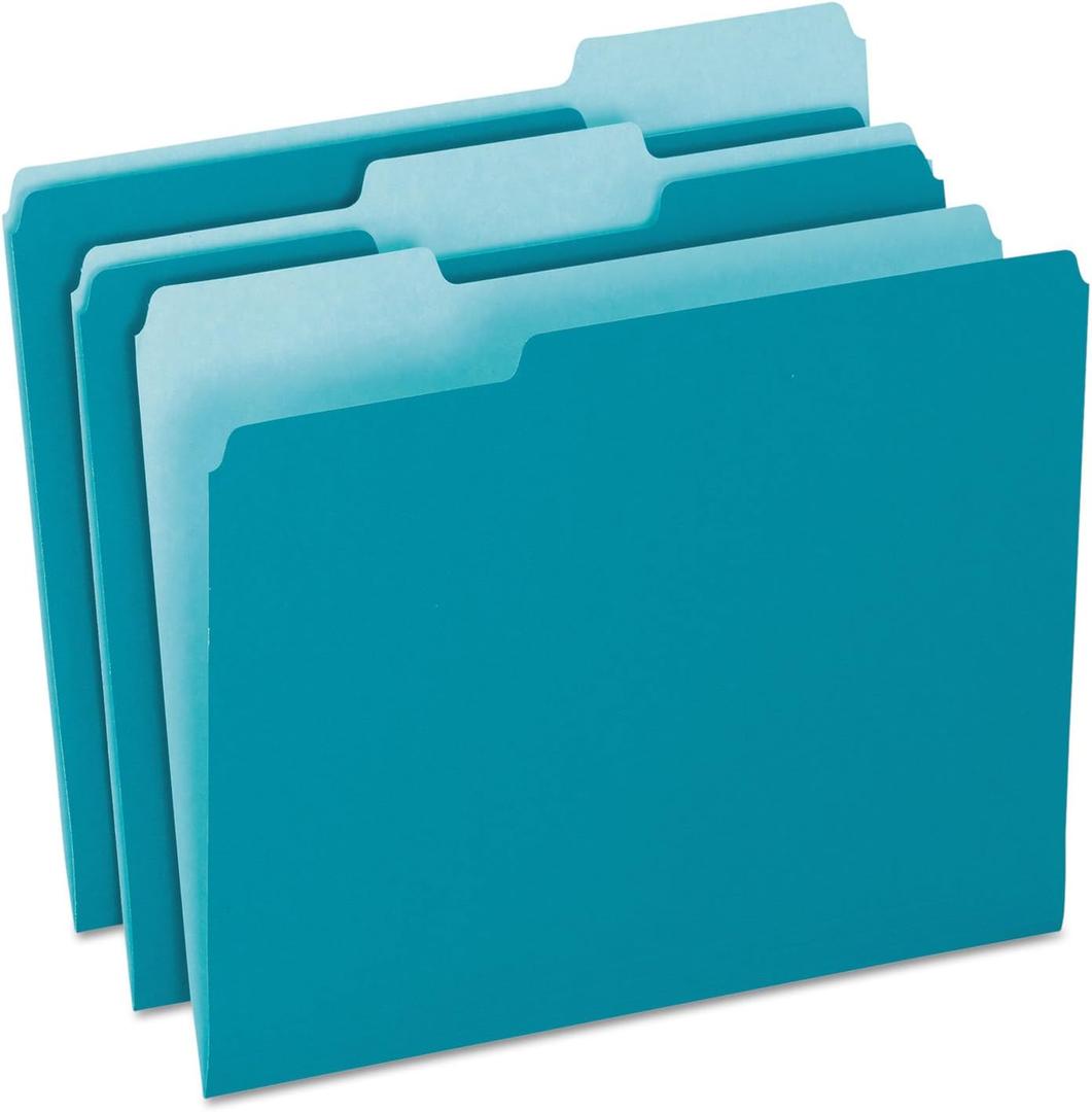 Pendaflex Colored File Folders, 100 Pack, Letter Size (8.5" x 11"), Durable Teal Folders, 3 Tabs for Easy Labeling, Colorful School, Office & Home Document Organization