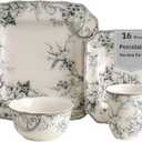 222 Fifth Adelaide 16-Piece Square Floral Dinnerware Set  Service for 4, Grey & White Porcelain Plates & Bowls, for Everyday Dining & Entertainment, Microwave & Dishwasher Safe, Chip Resistant (Gray)