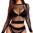 RSLOVE Women Sexy Mesh Lingerie Fishnet Babydoll Free Size Bodysuit See Through Shirts Long Sleeve (Black) One Size