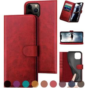 DuckSky for iPhone 12/12 Pro 6.1" Genuine Leather Wallet case RFID Blocking4 Credit Card HolderReal Leather Flip Folio Book Phone case Protective Cover Women Men for Apple 12 case Red