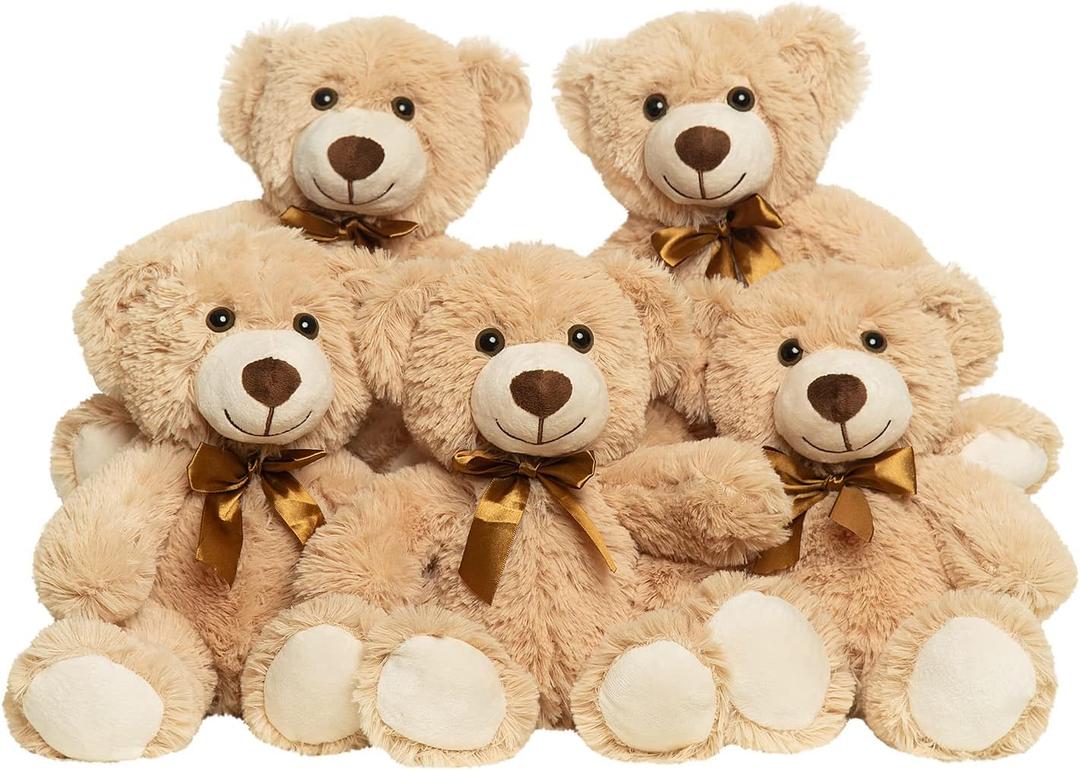 Teddy Bears Bulk 5 Packs 13.5 Inches Small Stuffed Bears Pack for Christmas Valentines Baby Shower Party Decorations Centerpieces Favors Light Brown