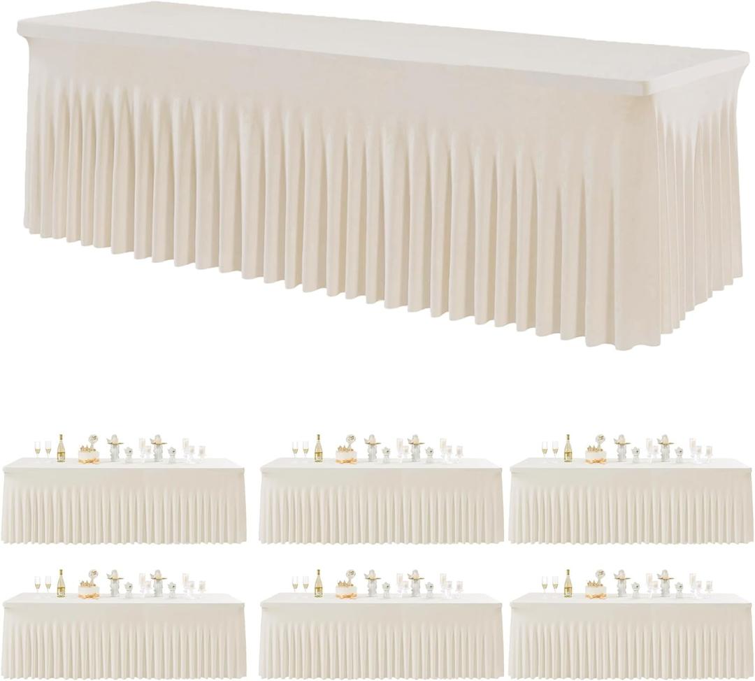 6pk Ivory Spandex Tablecloth for 8 Foot Rectangle Tables, Stretch Table Cloths 8ft Fitted Tablecover Desk Skirt for Parties Weddings Birthday Banquet Baby Shower