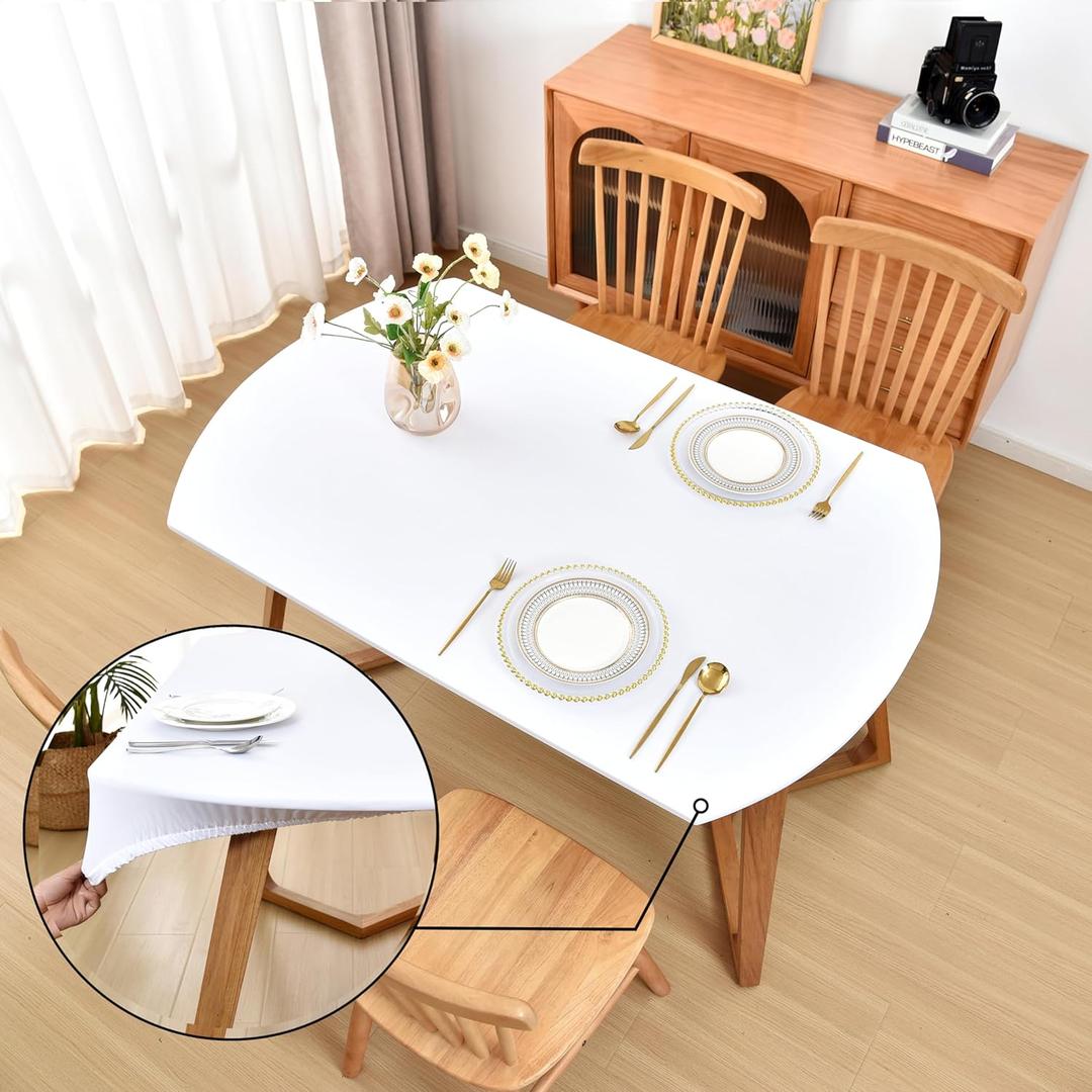 Oval White Fitted Tablecloth with Elastic 48x72 inch for Oval Tables Washable Stretchy Spandex Fabric Table Cover Cloth Not Vinyl Table Protector (72" x 48" (Oval))