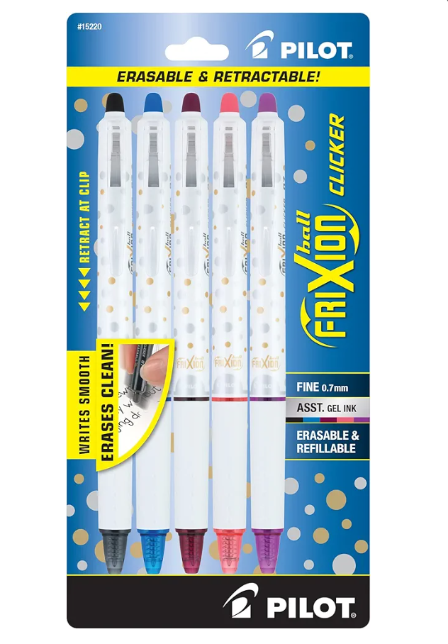 Pilot FriXion Clicker Erasable Design Collection Dots, Refillable & Retractable Gel Ink Pens, Fine Point (0.7mm), Assorted Ink, 5-Pack (15220)