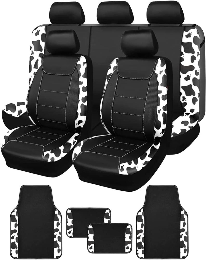 Flying Banner car seat Covers Protects Water Proof Faux Leather Carbon Fiber Fronts Rear Bench Covers (Cow Black, Full Set - Combo Pack)