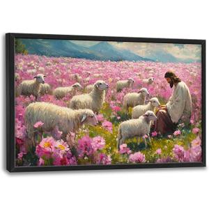 Jesus Lamb Large Wall Art Christian Religious Painting Wall Decor Church Canvas Prints Pink Pictures Framed Artwork Decoration for Prayer Bedroom Living Room Office 36"x24"