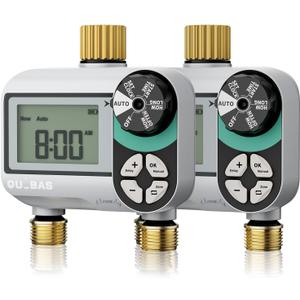 QUOBAS Brass Sprinkler Timer 2 Pack, Programmable Water Hose Timer for Garden Hose Faucet with Waterproof LCD Screen, Rain Delay/Manual/Automatic Irrigation Watering System for Garden, Lawn, Yard