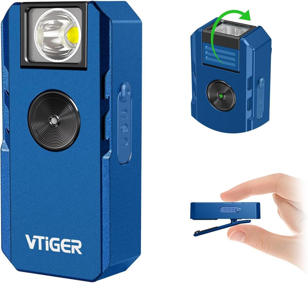 VTIGER C1 Rechargeable EDC Flashlight Clip-on Light, 1300 Lumens Powerful Portable Mini Swivel Clip Light,Multi-Mode,IPX6 Waterproof, Magnetic Small Pocket Lights for Cycling,Working,Emergency,Signal (Blue)