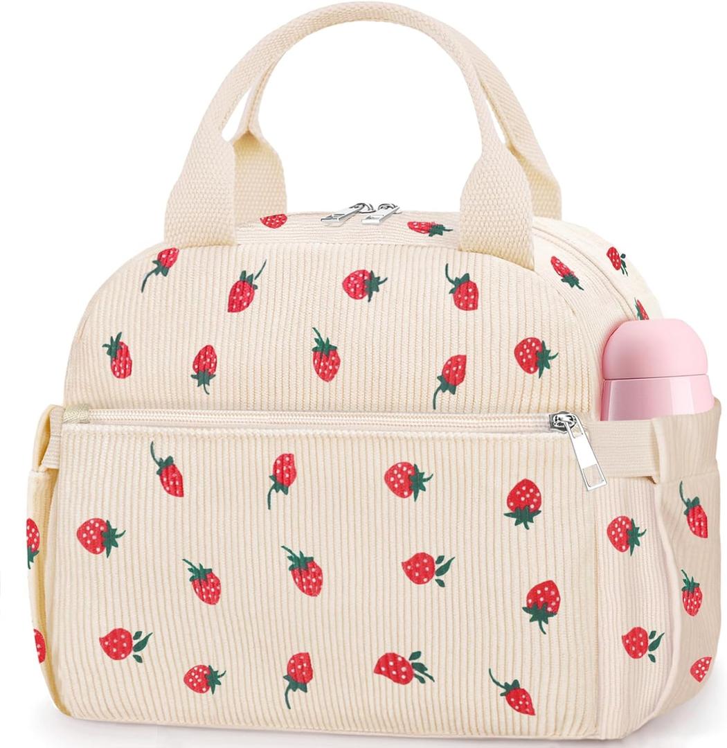 Lunch Box for Women, Cute Strawberry Corduroy Insulated Lunch Bag Women Reusable Work Leakproof Simple Adults Large Lunch Boxes Tote Bag Men Cooler Bag (Medium - 10L)