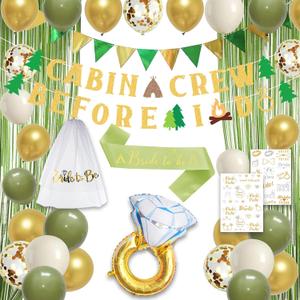Roetyce Camp Bachelorette Party Decorations, Green Bride To Be Sash Veil Fringe Curtain, Cabin Crew Before I Do Banner Balloons Temporary Tattoos Kit, Camping Themed Bridal Shower Wedding Decorations