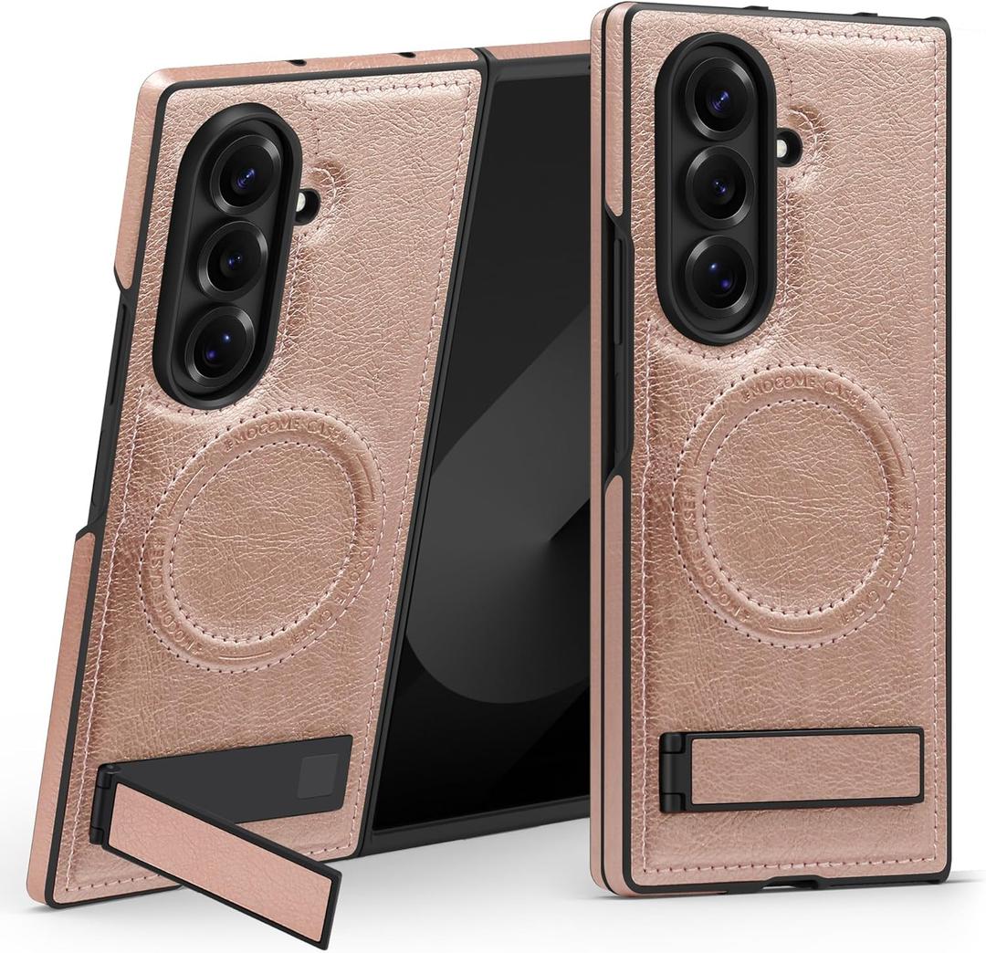 Magnetic Kicstand for Samsung Galaxy Z Fold 7 Case Compatible with MagSafe Charging Ultra Slim Premium Leather Invisible Stand Military Grade Drop Protection Shockproof Case, Rose Gold