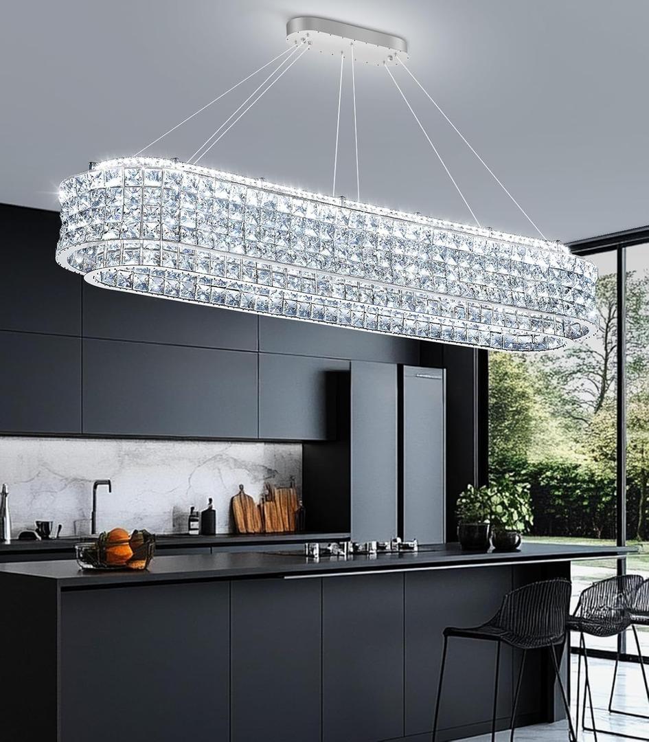 47.2x11.8'' Silver Modern Crystal Chandeliers for Living Room LED Dimmable Pendant Lighting Flush Mount Light Dining Room Foyer