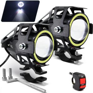 Motorcycle LED Fog Lights U7 Spotlight Daytime Running Lights with White Angel Eyes Halo Ring and Switch 2-Sets