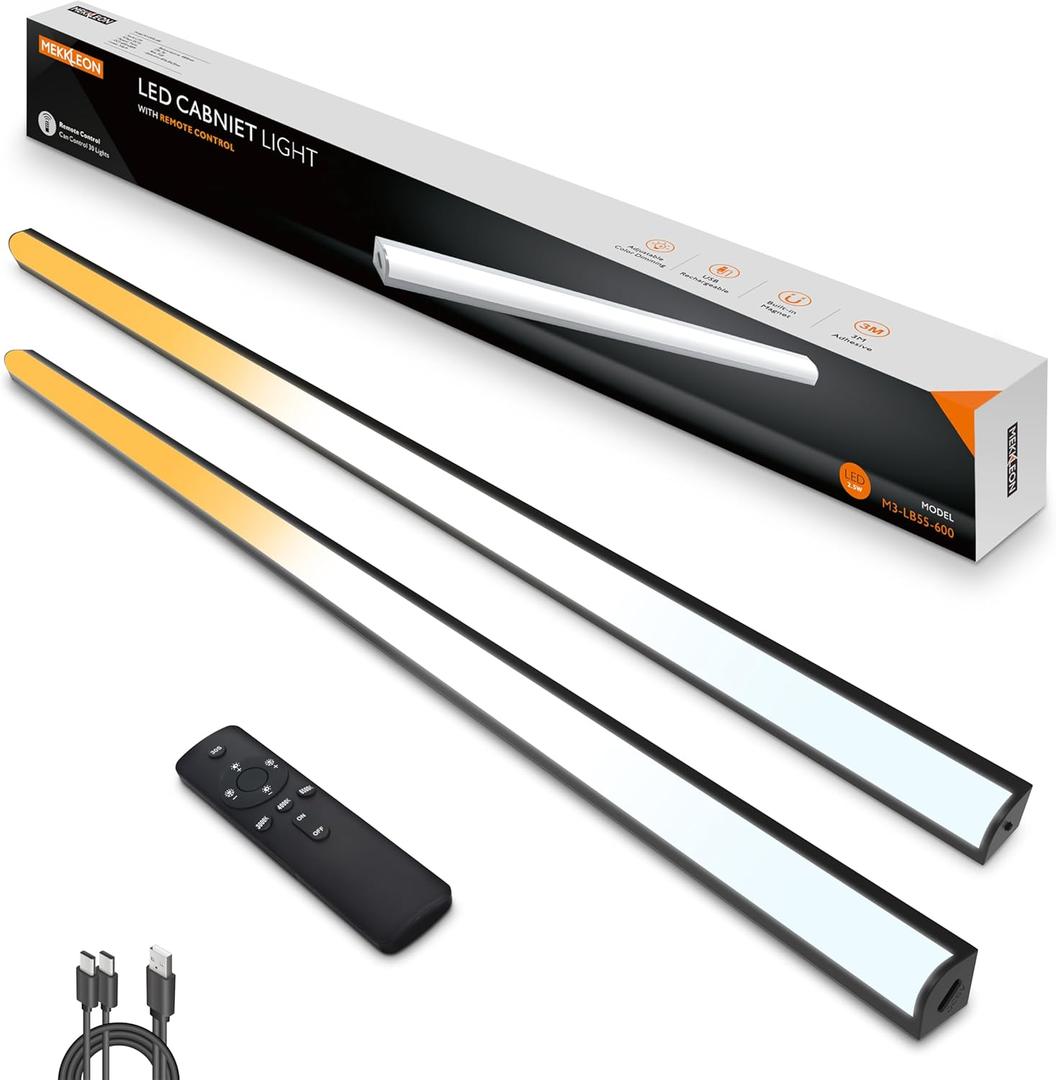 Under Cabinet Lights Remote Control,2 Pack Magnetic Dimmable Closet Lights,USB Rechargeable Wireless LED Shop Light,Ceiling and Under Counter Lights for Kitchen, Black, 60CM