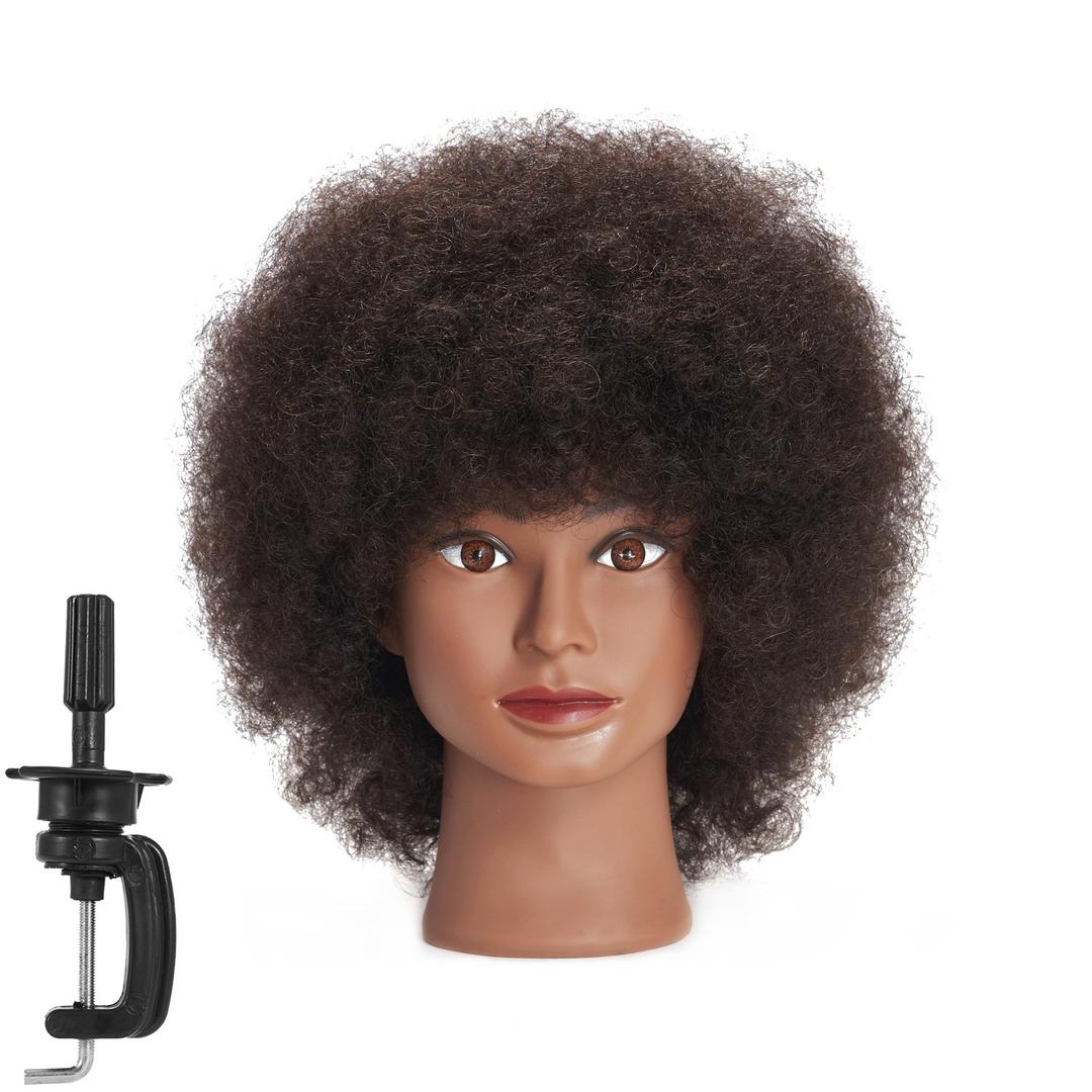 Traininghead 100% Real Hair Mannequin Head Training Head Cosmetology Doll Head Manikin Practice Head Hairdresser with Free Clamp Holder Female (10 inches Afro Hair C)