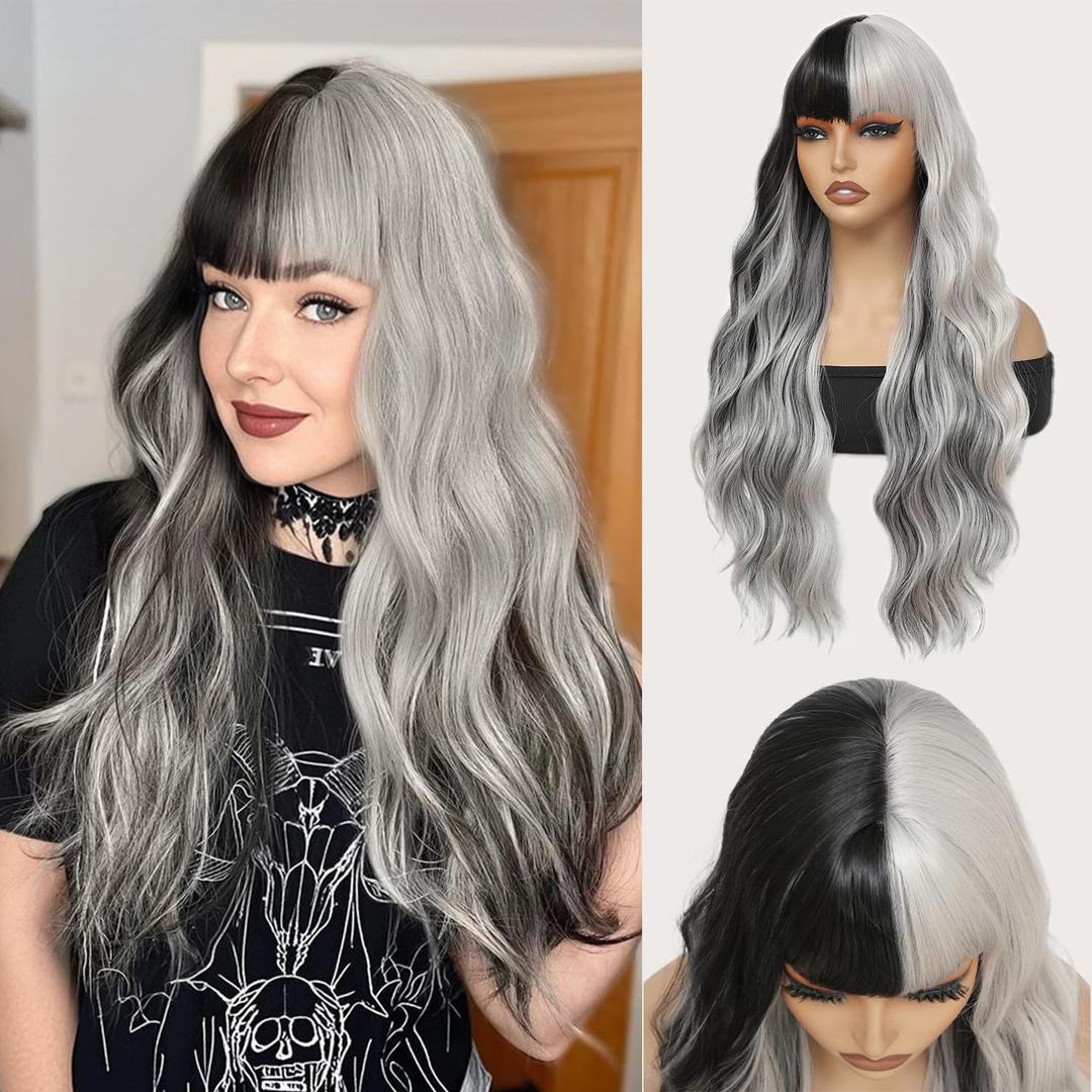 meiliprotea Long Wavy Silver Grey and Black Wig with Bangs Black Grey Split Dye Wigs for Women 26 Inches Glueless Synthetic Bangs Wig for Daily Christmas Party Cosplay Halloween Use (Black and Grey) (Half Black Half White)