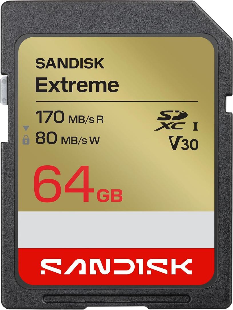SANDISK 64GB Extreme SD UHS-I Card - Up to 170MB/s Read Speed and 80MB/s Write Speed, 4K UHD Video, U3, V30 - SDSDXV2-064G-GUCIN