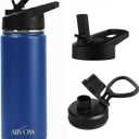 Blue Metal Water Bottle 32 oz with Straw, Mens Gym Leak Proof Stainless Steel Water Bottle, 1Liters Big BPA-Free Sports Vacuum insulated Water Bottle (2 Lids) for Hiking,Travel