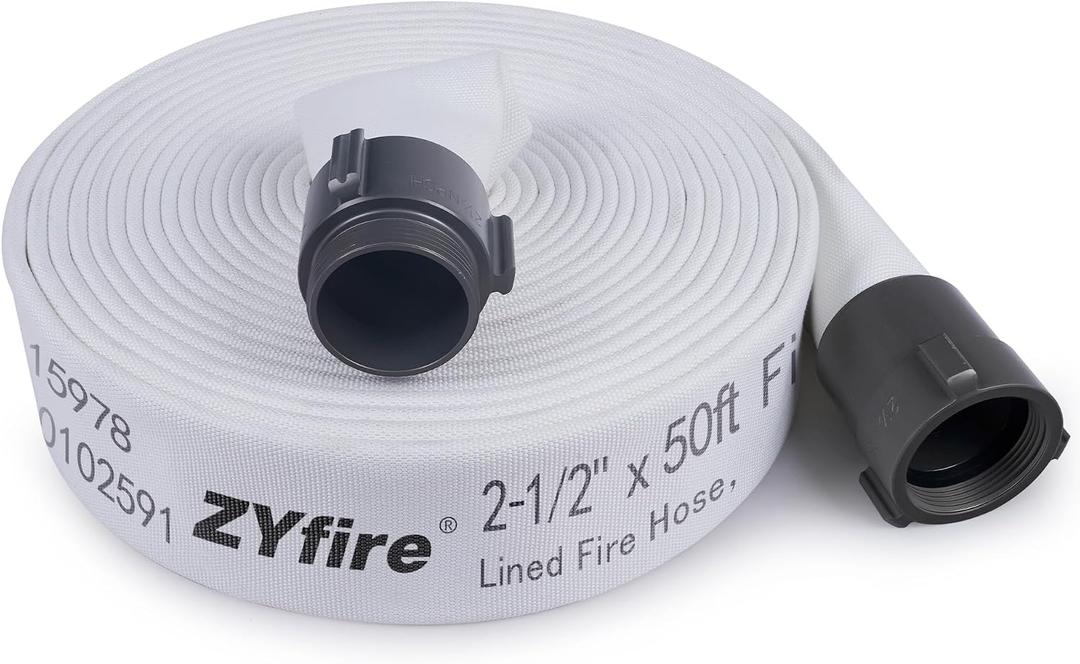 ZYfire Fire Hose - 2-1/2" ID x 50 FT Double Jacket EPDM Firefighter Hose with M x F NPSH Aluminum Couplings 1200 PSI Burst Pressure Lightweight for Firefighting & Residential Use