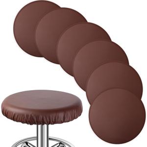 Newwiee 6 Pcs Leather Round Bar Stool Seat Covers, Waterproof PU Stretch Round Barstool Seat Covers Cushion with Elastic Bands for Bar Swivel Chair, 13 to 17 Inches(Brown)