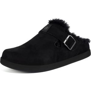 Fur Lined Clogs for Women Men | Suede Winter Slippers with Arch Support | Slip on Mules Potato Shoes with Removable Cushion Footbed | Warm Home House Shoes (5 Women/4 Men, Black)