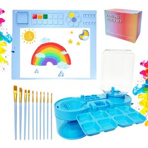 Painting Station, Paint Brush Cleaner (Upgraded) and Silicone Painting Mat 20"X16" with 10 Paint Brushes, Leak Proof Paint Brush Rinser, Gift for Adults Artist Beginners (Blue)