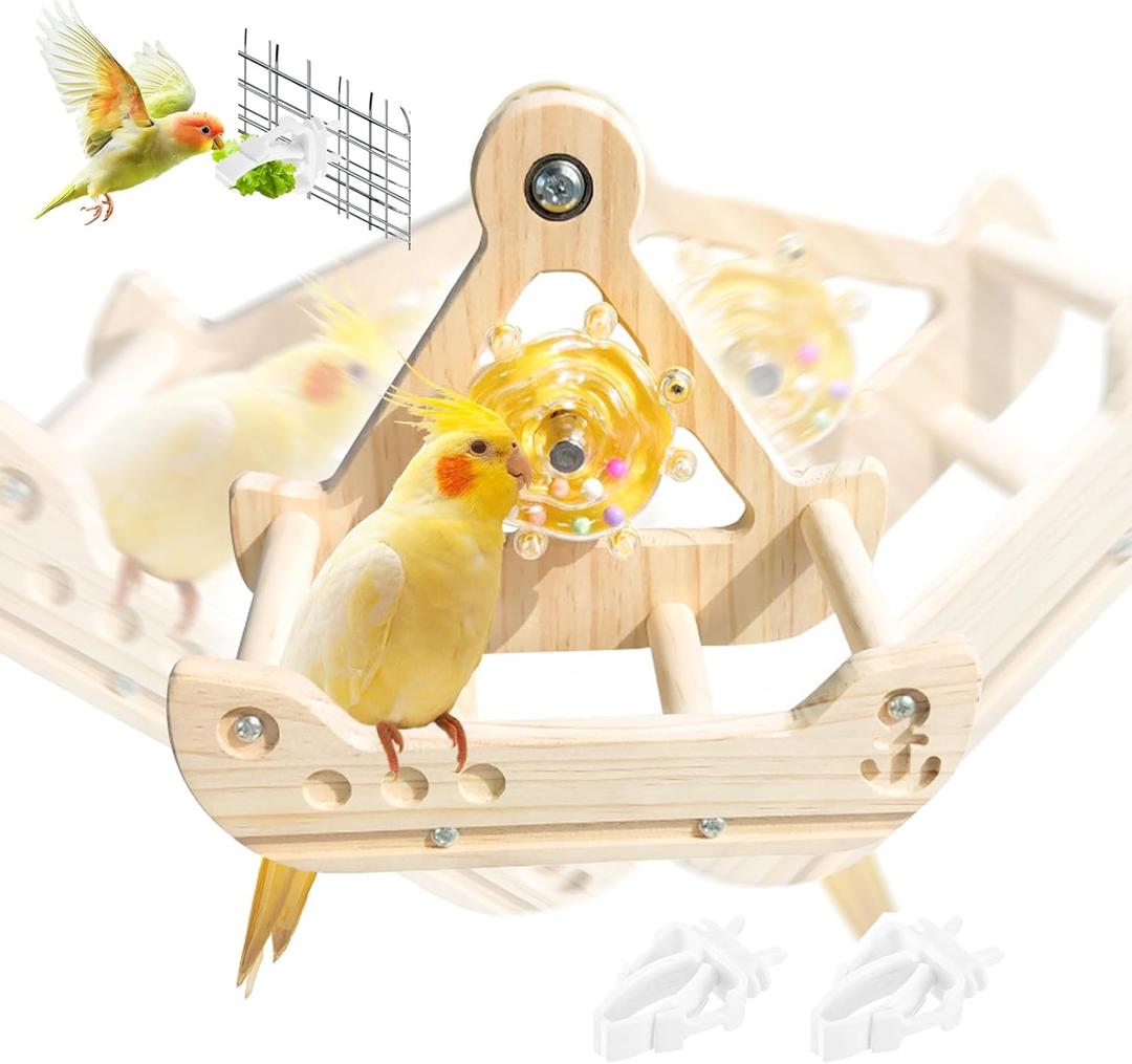Bird Perch Toy, Interactive Rocking Parakeet Perch, Wooden Exercise Wheel for Cockatiels, Puzzle Enrichment Toy for Parrots, Bird Cage Accessories for Budgies & Conures (Pirate Ship)