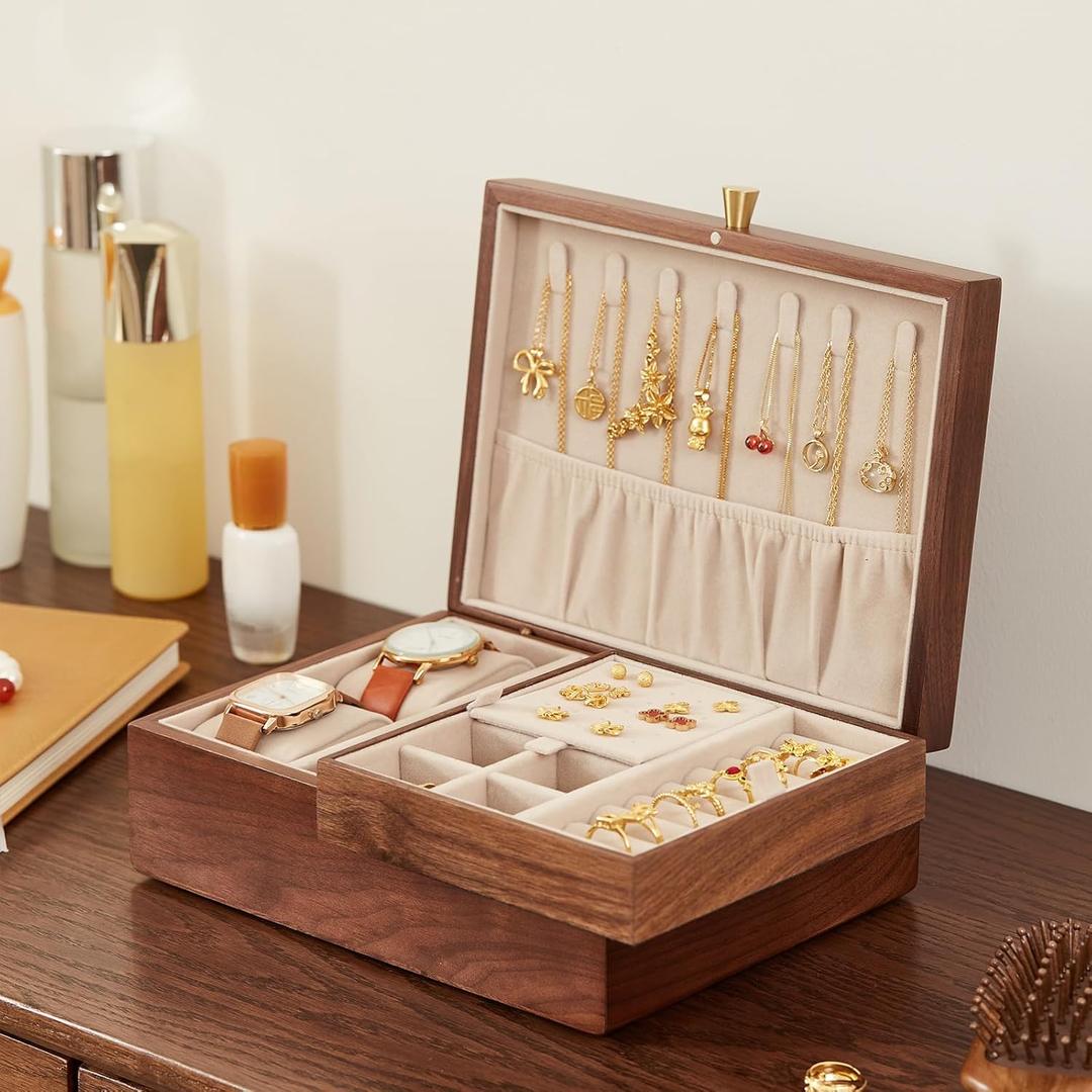 CHOSIN Black Walnut Wooden Jewelry Box for Women 2 Layer Jewelry Organizer with Removable Tray for Watches Rings Earrings Necklace Bracelets Storage Valentine's Day Gifts