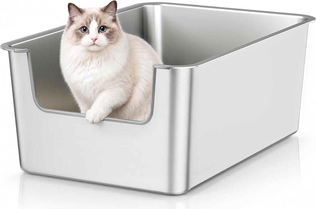 High-Sided Stainless Steel Cat Litter Box, Low Entry, Odor-Free, Non-Stick