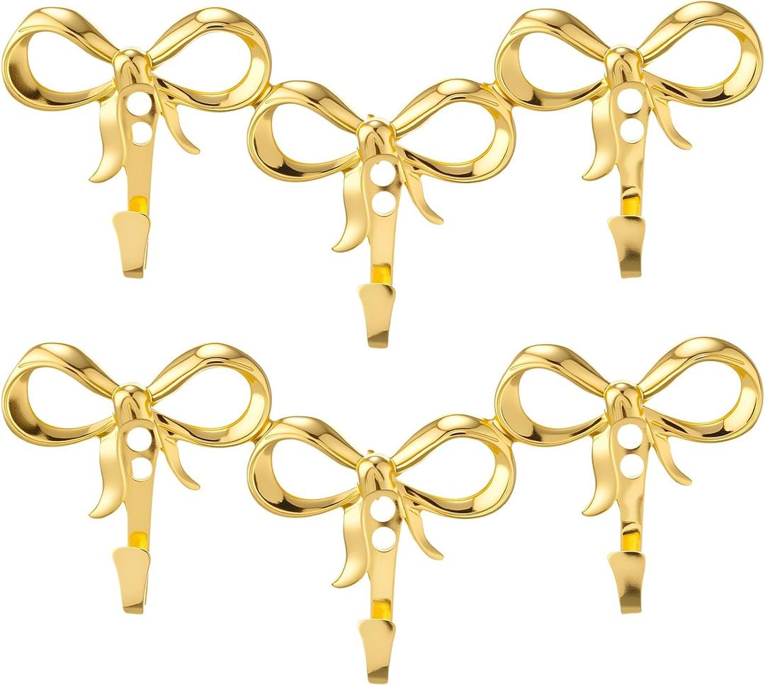 1 Set Gold Triple-Bows Wall Hooks Small Wall Mounted Functional Hooks Gold Decorative Coat Holder Metal Bowknot Door Hanger for Hats Bags Tie Bath Towels Coats, 3 Pieces