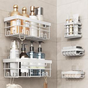 Cobbe Adhesive Shower Caddy 5-Pack, Large Wall Mounted Shower Shelves Rack, Organizer Storage Accessories with Soap Dish&Toothbrush Holder, Shelves for Bathroom Storage & Home Kitchen Decor, White