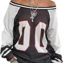 SHENHE Women's Oversized Graphic Jersey Shirt Y2k Off Shoulder Long Sleeve Top Streetwear (Medium, Black)