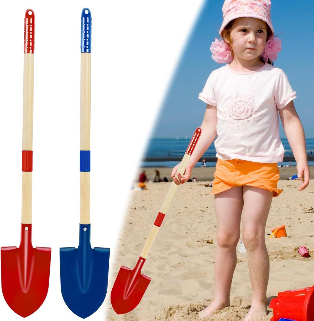 2PCS Metal Beach Shovels for Kids, 15.3"-28" Long Toddler Spade Sand Shovel Blue Red Detachable Children Garden Shovel with Wood Handle and Plastic Grip Beach Play Tool for Kids Adult Digging Sand
