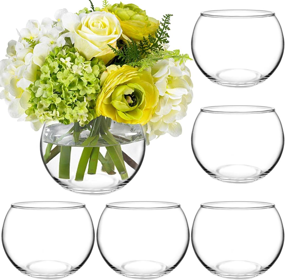 PINIWON 6 Pack Clear Round Glass Vases, 4.7 W x 3.5 H, Bubble Bowl Flower Vase for Table Centerpieces, Candle Holders for Wedding Event Home Decor