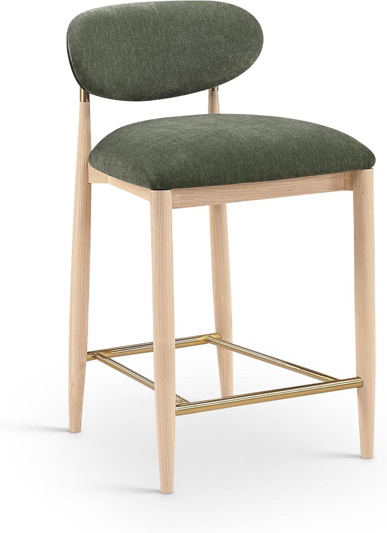 Meridian Furniture 11041Olive-C Riccio Collection Modern | Contemporary Stool with Olive Polyester Performance Fabric, Ash Wood, Natural Finish, Brass Iron, 20.25" W x 21.25" D x 35.75" H, Olive