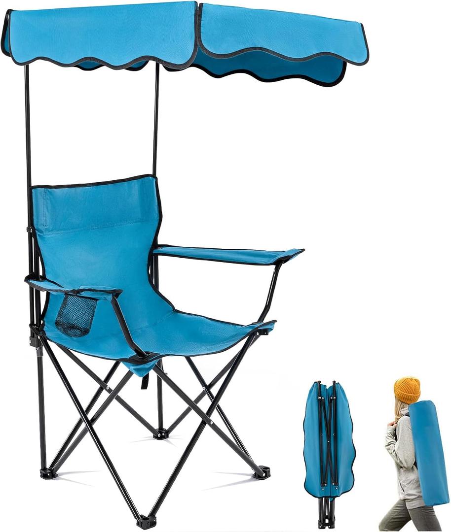 Folding Camping Chair with Canopy Shade for Adults, Portable Beach Chairs with Umbrella Support 330 lbs, Lawn Chair with Cup Holder for Outdoor Fishing Picnic Garden Sports Patio, Cyan Blue, L28.7xW22.4xH50