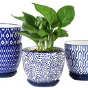 Selamica Ceramic Plant Pots, 5.6 Inch Flower Pots for Indoor Plants with Drainage Hole and Saucer,Home Decor, Set of 4, Vintage Blue