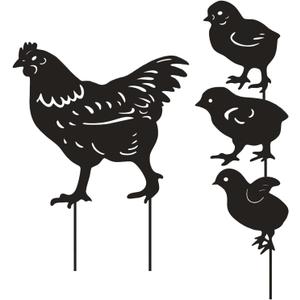 4 Pack Chicken Garden Decorative Statues, Metal Hen and Chicks Silhouette Garden Stakes, Ideal Yard, Garden, Lawn Decor, Animal Outdoor Decorations