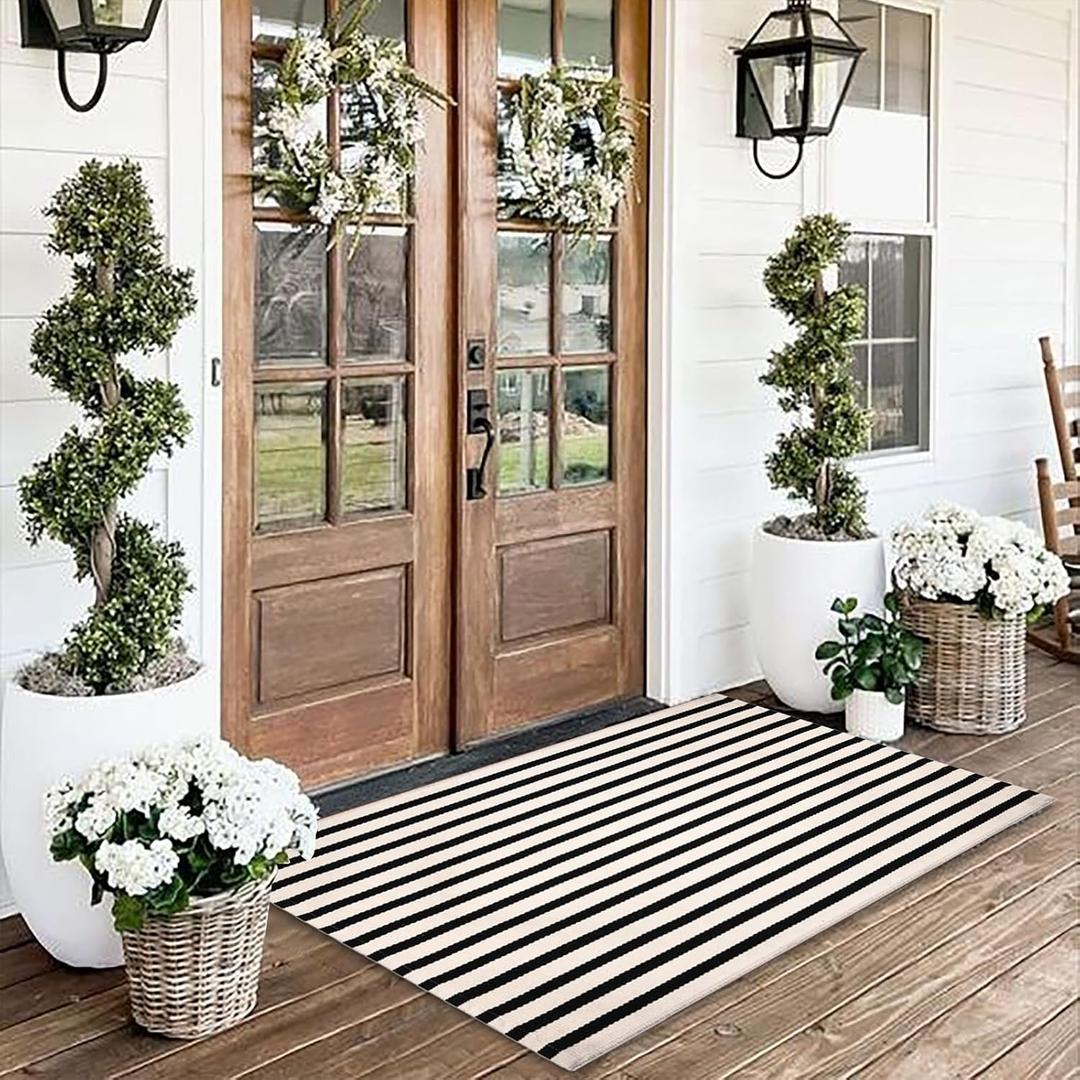 Black and White Striped Rugs, 3'x5' Area Rug Washable Indoor Outdoor Rug Front Porch Doormat Cotton Hand-Woven Farmhouse Layered Double Door Mats for Front Porch, Patio, Entryway, Laundry Room