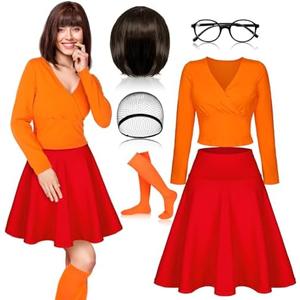 6 Pcs Halloween Adults Costume for Women Cosplay Orange Top Red Skater Skirt Brown Bob Wig Socks Glasses Costume,Size XL