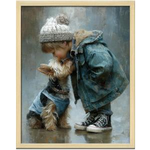 Cute Child Wall Art Prints Handsome Little Boy And Puppy Poster Canvas Art Wall Decor Picture For Bedroom Baby Room Bathroom Wall Decor Aesthetic Home Artwork 8"  10" With Framed (MK02.)