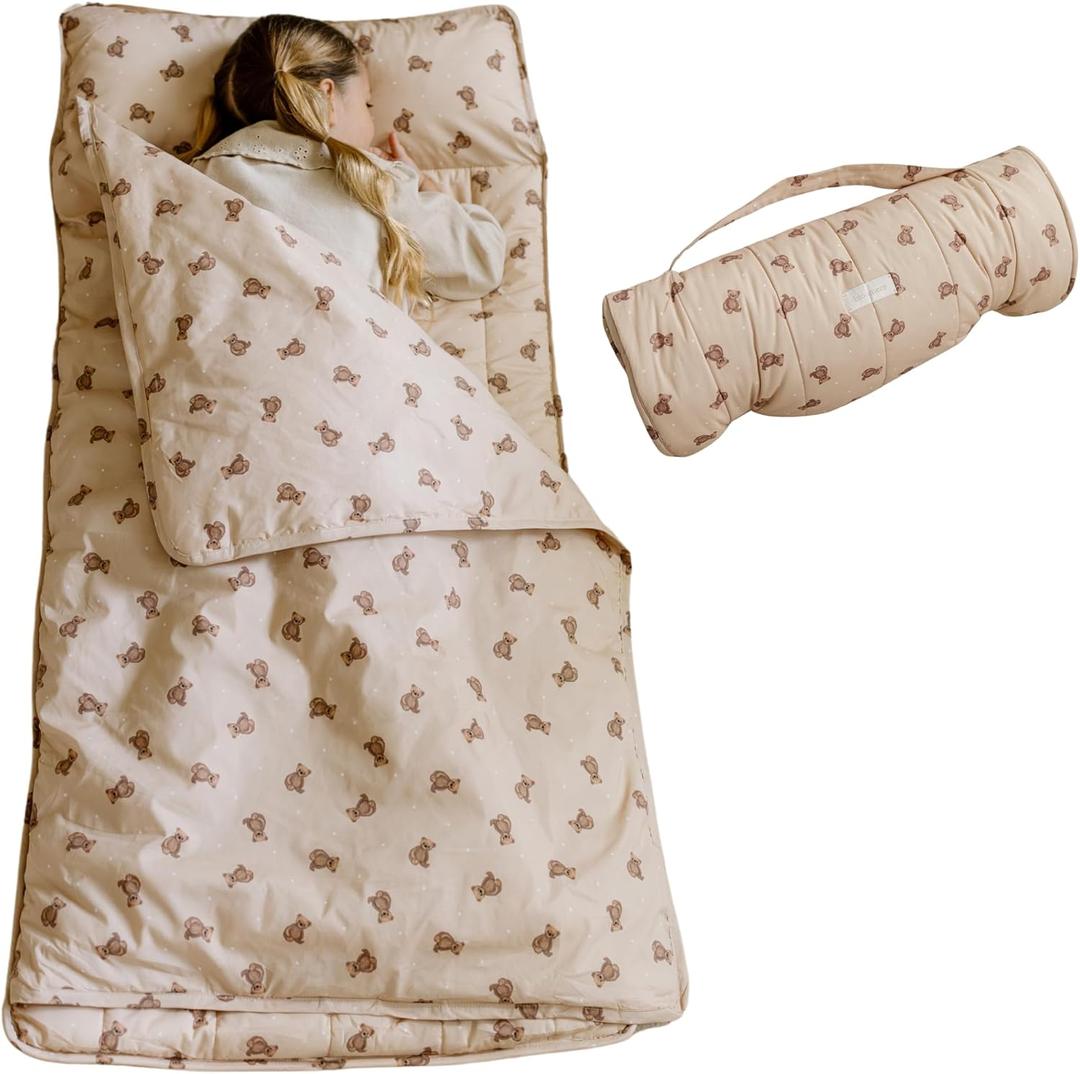 Organic Toddler Nap Mat  100% Cotton Kids Washable Sleeping Mat & Detachable Pillow  Sleeping Bag with Soft 1.5 Pad  Ideal Nap Mat for Daycare, Preschool, & Sleepovers