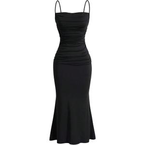 Milumia Women's Long Slip Dress Ruched Spaghetti Strap Sleeveless Fishtail Bodycon Maxi Cami Dress Black Small