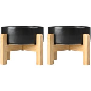 SPUNKYJUNKY Ceramic Elevated Dog Bowls 2 Pack - 6.1inch Raised Dog Bowls with Non-Slip Wooden Stand for Medium Dogs Dishwasher Safe(Black,28.7OZ*2)