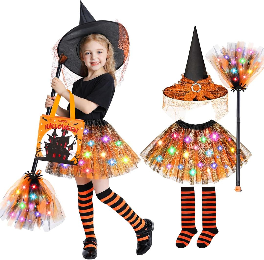 Jeowoqao Girls Halloween Dress upLight up Witch Costume for Girls, Witch Skirt Broom Hat Treat Bag for Toddler Aged 3 4 5 6 (Orange)