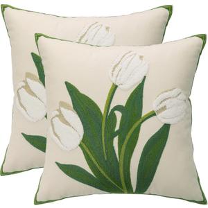 Embroidery Throw Pillow Covers 18x18 inch Pack of 2 Beige and White Tulip Flower Pillowcases Spring Pillow Covers for Couch Cotton Canvas Cushion Cover Square Farmhouse Floral Decor Pillow Case