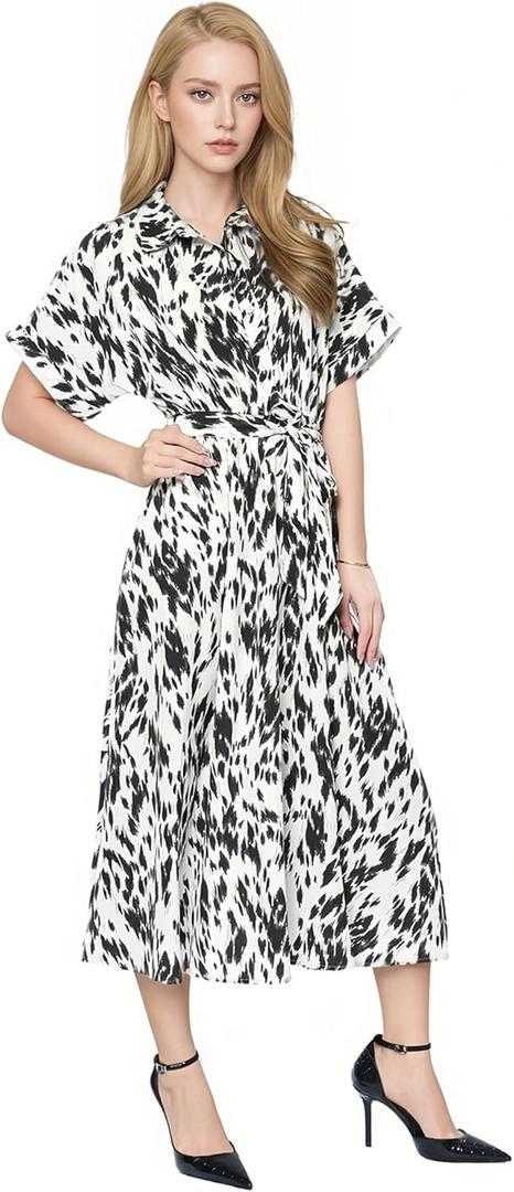 Women's Summer Leopard Print Casual Dress - Shirt Collar V-Neck Short Sleeve Flowy A-Line Dress (White)