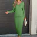 ANRABESS Women's 2 Piece Outfits Sweater Skirt Sets Casual Long Sleeve V Neck Ribbed Knit Tops Midi Dress 2025 Fall Fashion (Green, M)