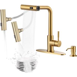 Waterfall Kitchen Faucet with Soap Dispenser: Gold Kitchen Faucet with Pull Down Sprayer 3 Modes(Waterfall/Stream/Sweep), Stainless Steel Kitchen Faucets for Sink with Deck-Plate